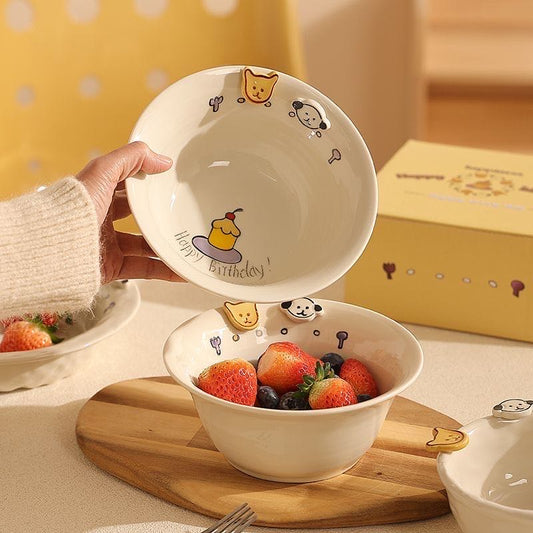 Embossed Adorable Button-Style Cat and Dog Ceramic Dinnerware Set - Set of 5