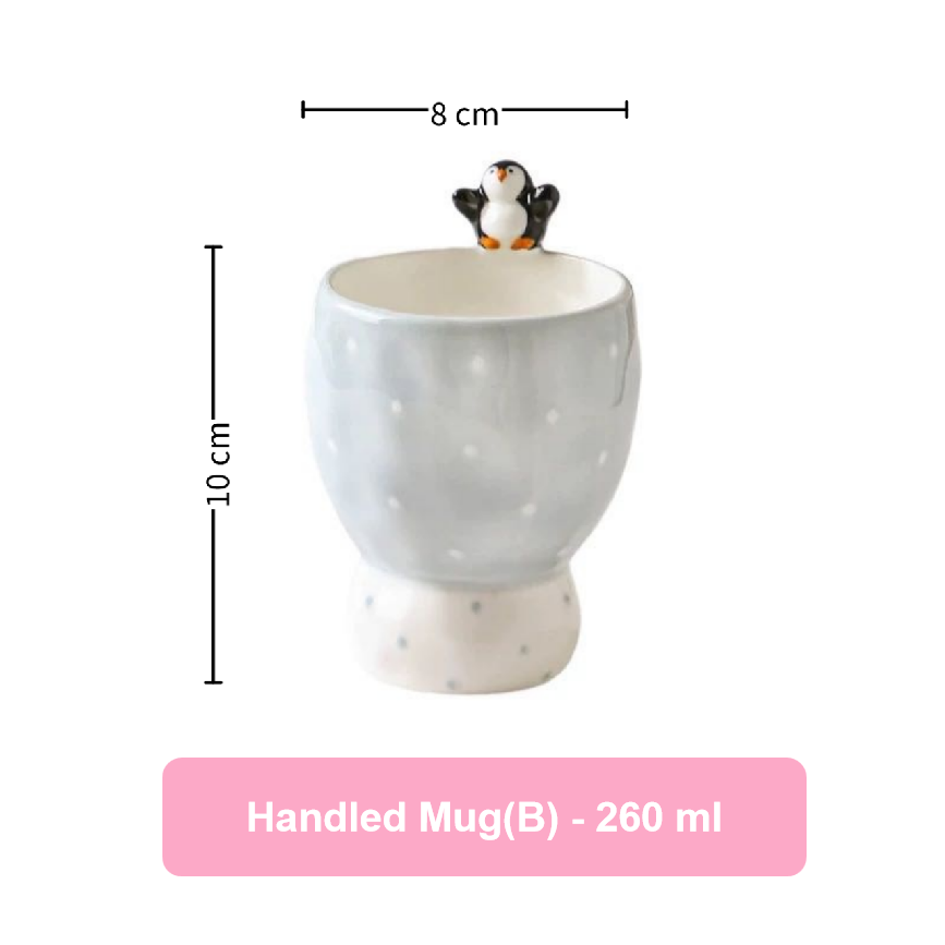 Handled mug with penguin figure and measurements on a white background