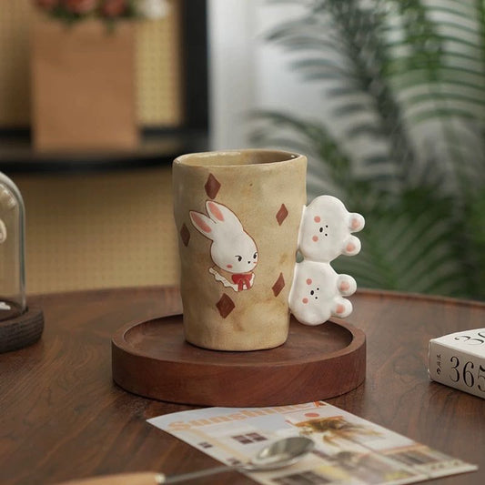 【Handmade to Order】Cute Vintage Hand-Pinched Textured Mug with Irregular Bear Handle
