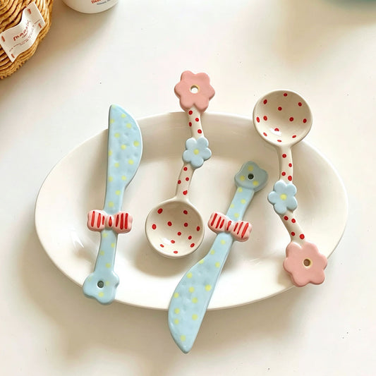 Cute polka dot ceramic spoon and knife set — cheerful artisan tableware, MeowCeramics