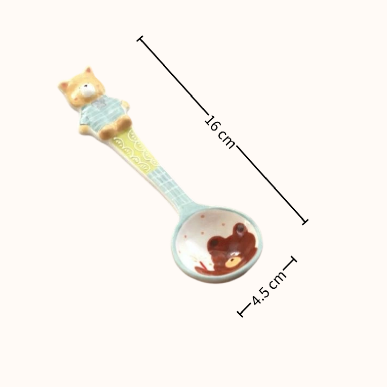 Handmade Blue Bear ceramic long-handle spoon — hand-painted, food-safe, with size reference, MeowCeramics