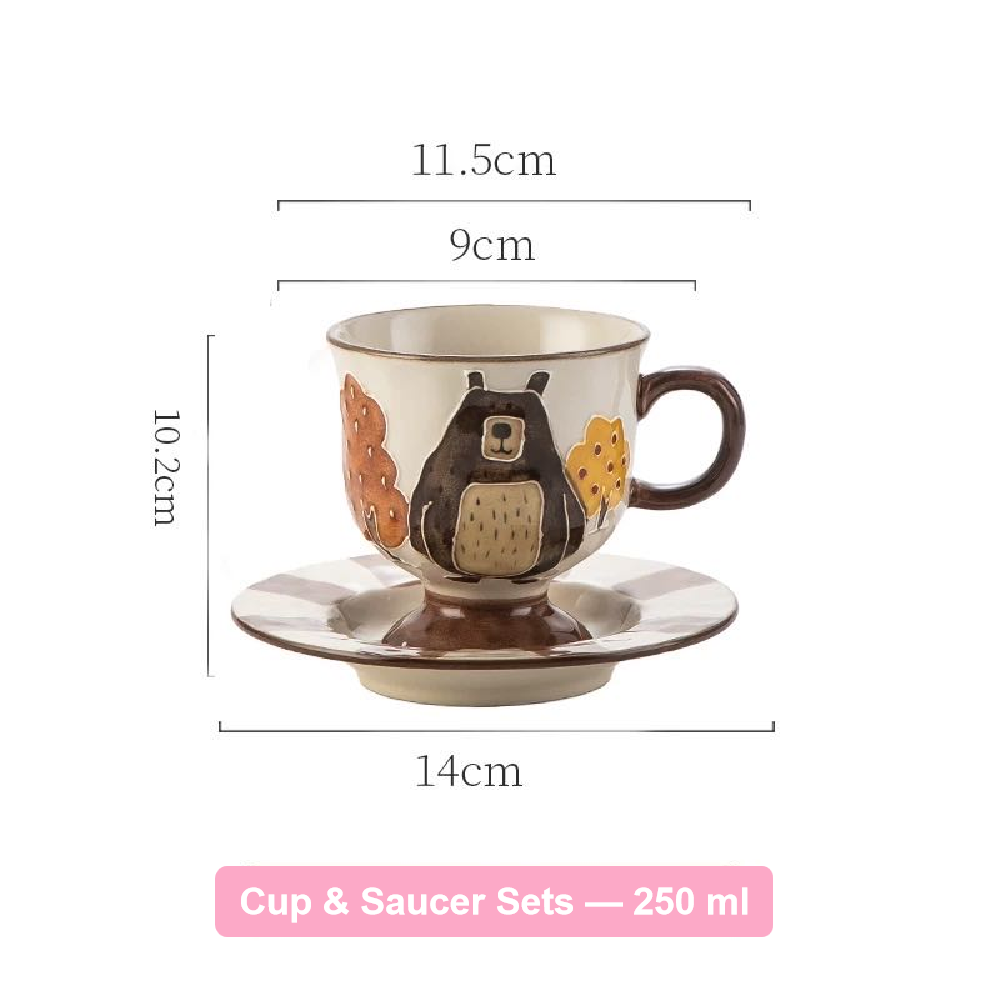 Ceramic cup and saucer set with measurements on a white background