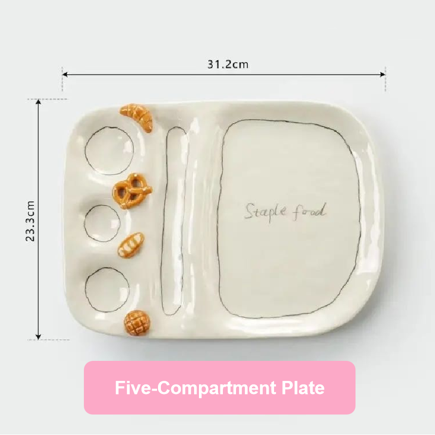 Five-compartment plate with measurements on a white background