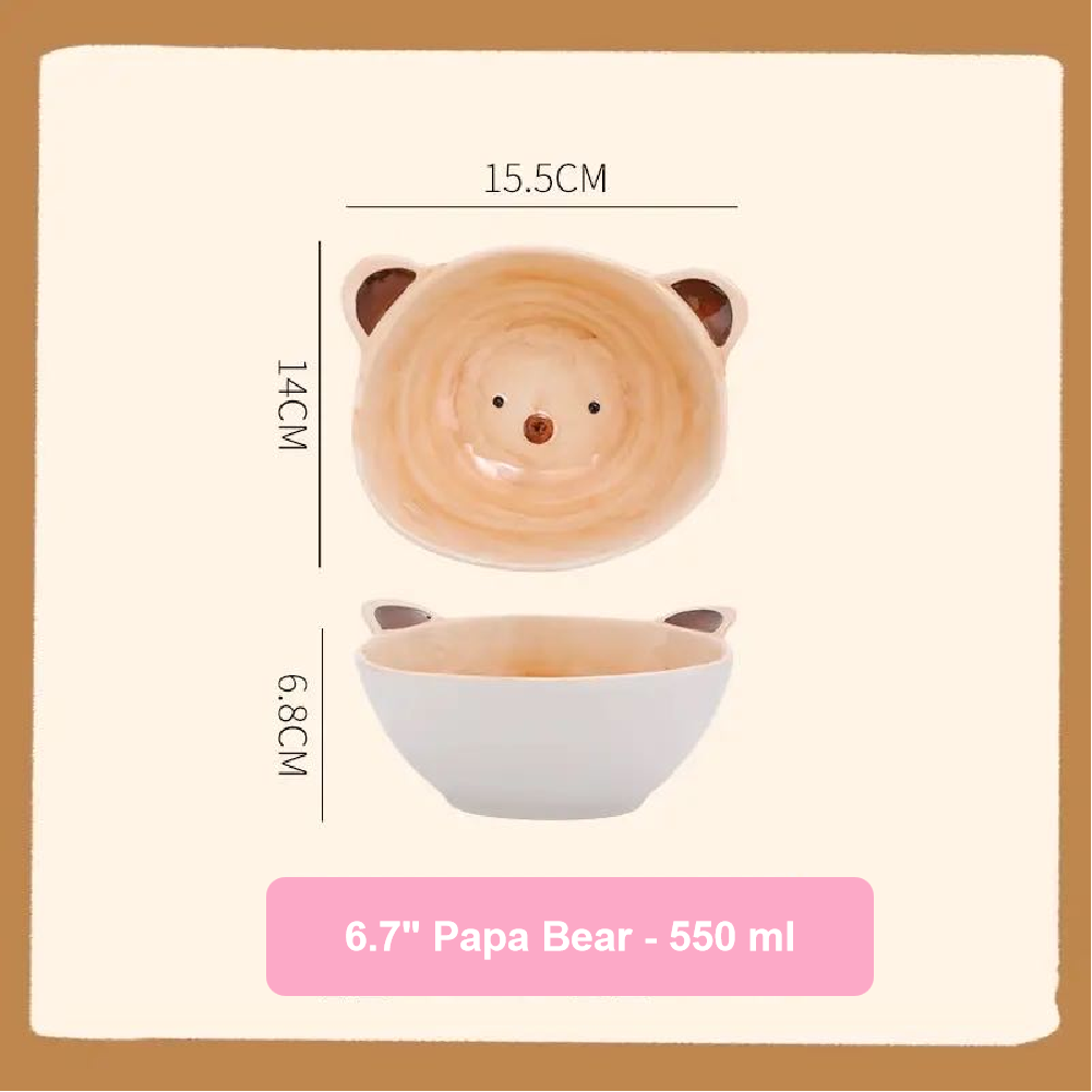 Bear-shaped bowl with dimensions and capacity information on a beige background