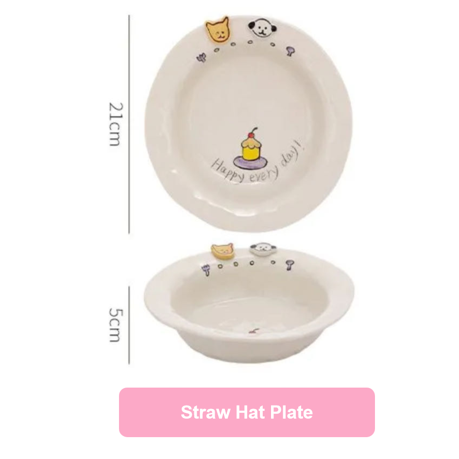 White plate with cartoon designs and dimensions on a white background