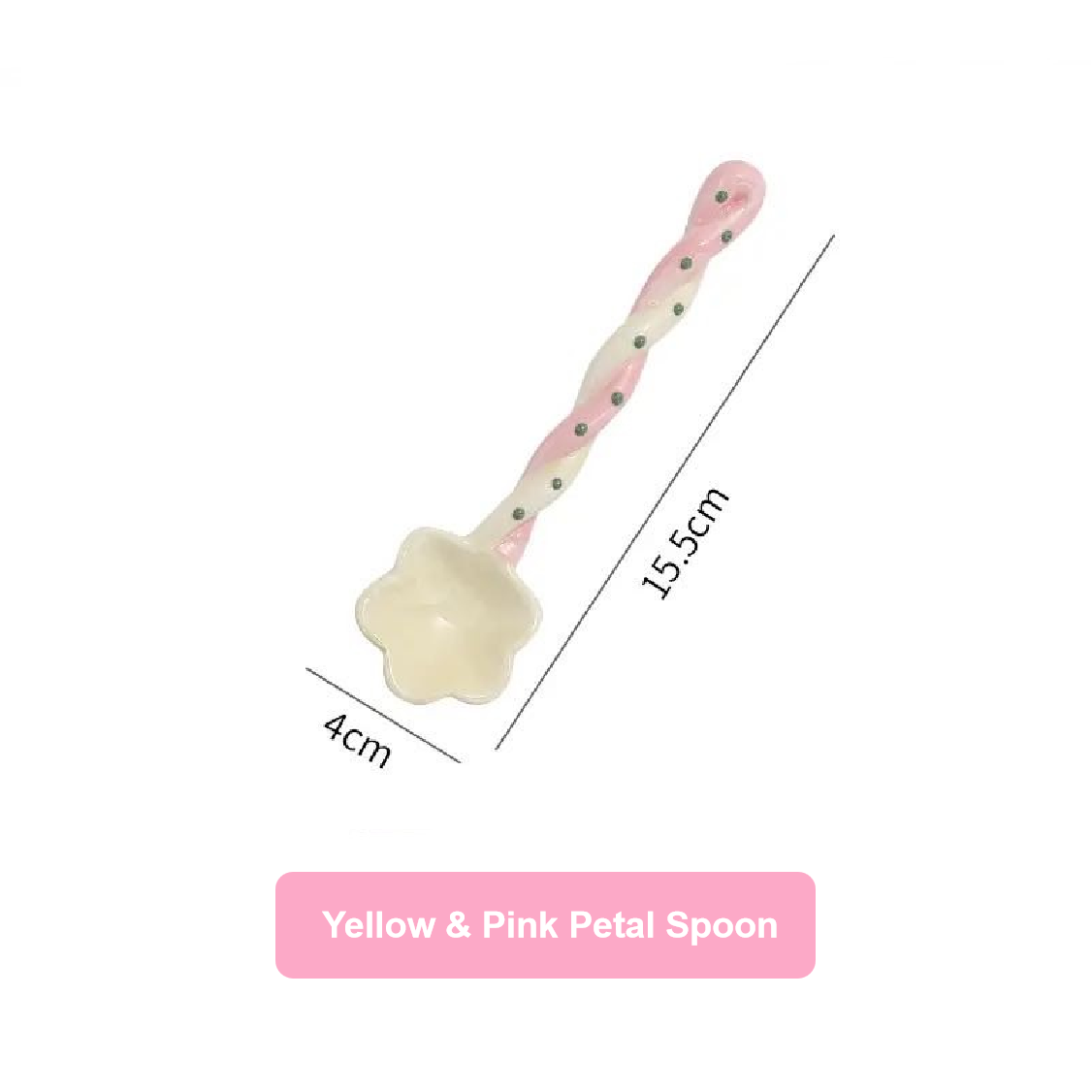 Yellow and pink petal spoon with measurements on a white background