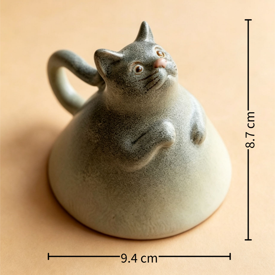 Handmade Shino Ware Tea Cup — Hand-Carved Cat Motif | 125ml | White & Silver