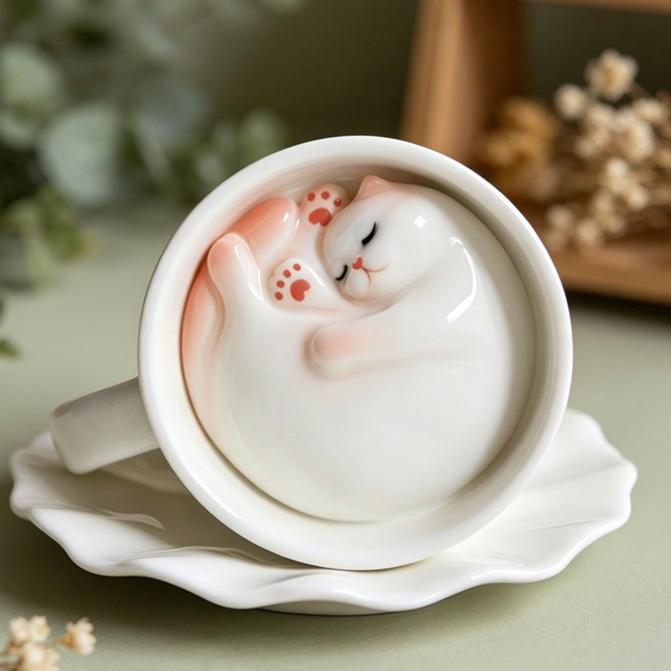 White Cat handmade ceramic coffee cup — hidden cat inside, underglaze painted, 210ml, MeowCeramics