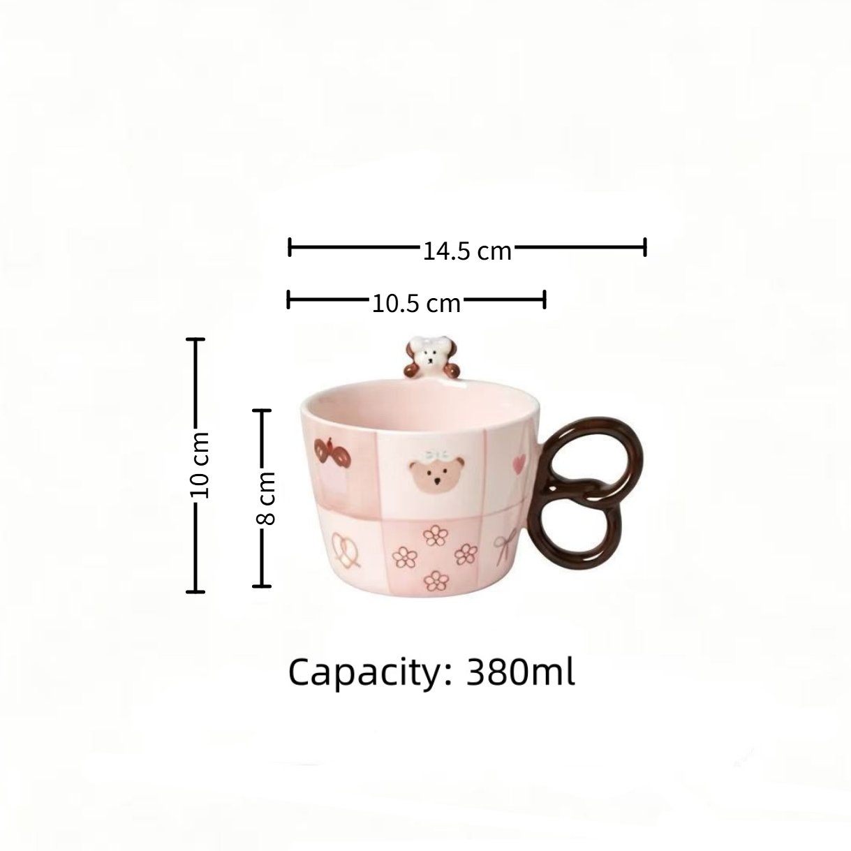 Sweet Heart Bear ceramic cup — underglaze illustration, size reference, MeowCeramics