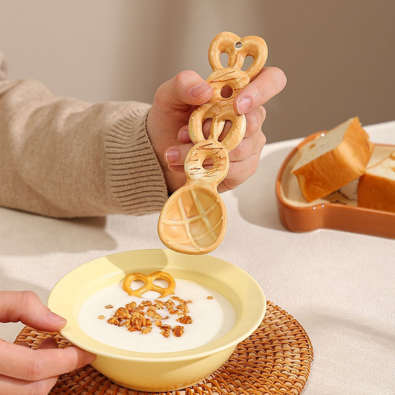 Bread-textured ceramic spoon in use — extra-deep spoon head, soup and dessert spoon, MeowCeramics