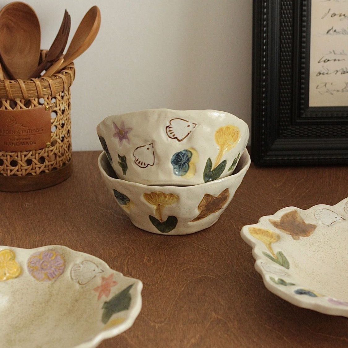 Handmade Retro Floral Ceramic Tableware Set - Set of 5