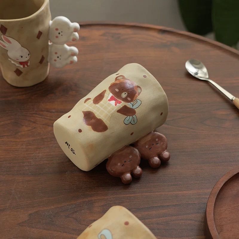 【Handmade to Order】Cute Vintage Hand-Pinched Textured Mug with Irregular Bear Handle