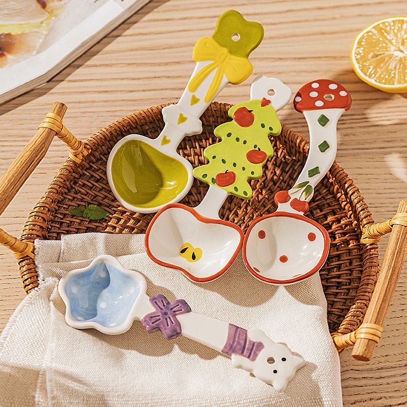 Cute ceramic long-handle spoon in use — soup and dessert spoon, food-safe glaze, MeowCeramics