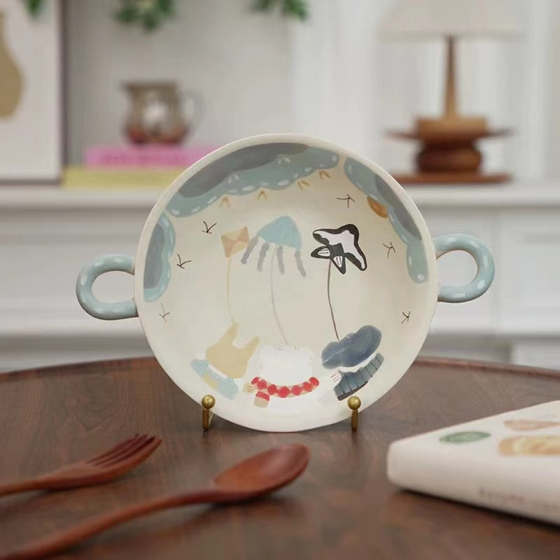 【Handmade to Order】Cute Round Double-Handle Deep Plate
