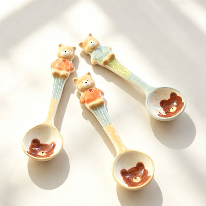 Handmade bear long-handle spoon in use — perfect for deep mugs and tall glasses, MeowCeramics