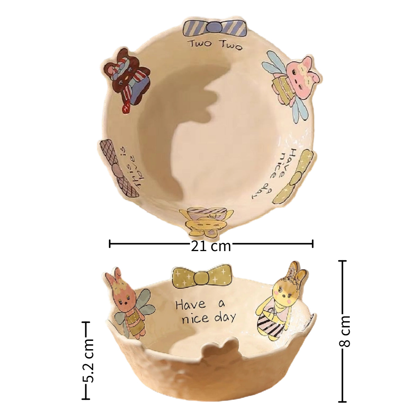 Decorative bowl with cartoon characters and measurements on a white background