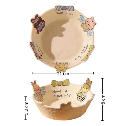 Decorative bowl with cartoon characters and measurements on a white background