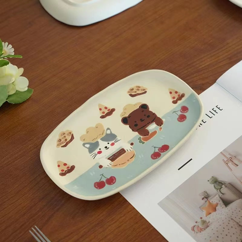 【Handmade to Order】Cute Cat Rabbit Bear Square Dessert Plate