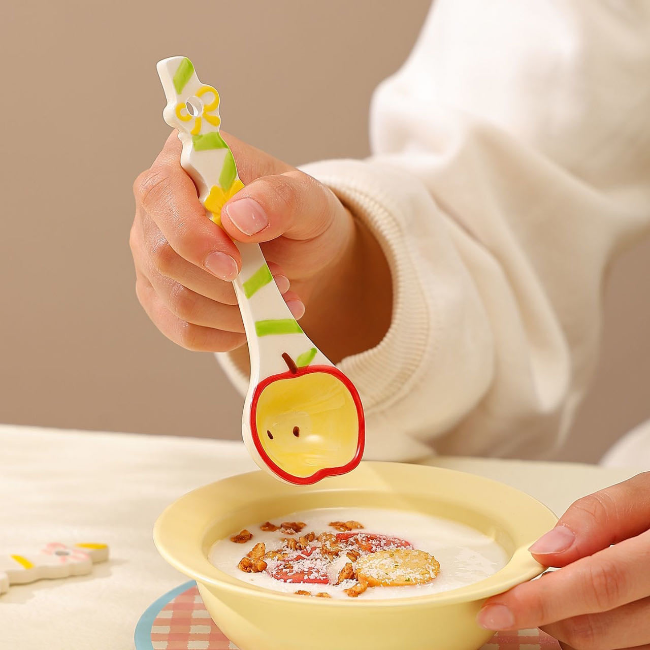 Fruit ceramic spoon in use — smooth rounded spoon head, perfect for desserts and coffee, MeowCeramics