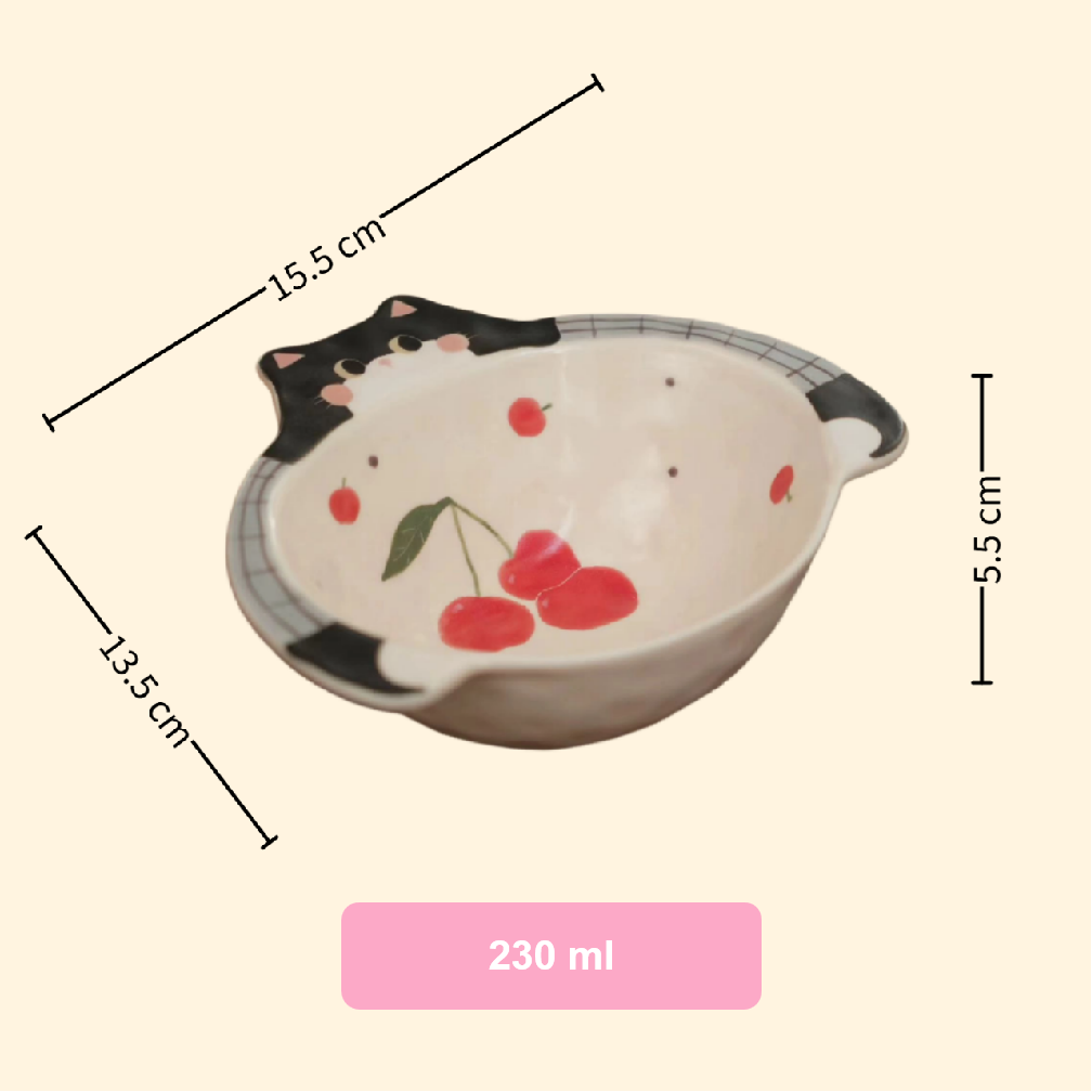 Handmade Cherry & Cat Ceramic Bowl — Rice & Soup Bowl | Hand-Painted | 2 Styles