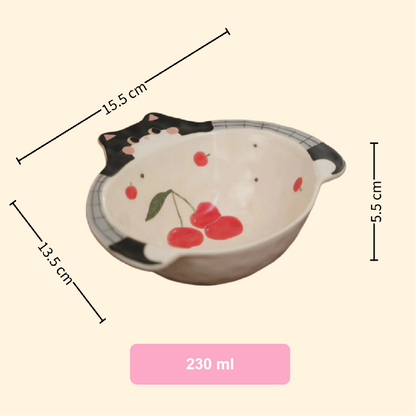 Handmade Cherry & Cat Ceramic Bowl — Rice & Soup Bowl | Hand-Painted | 2 Styles