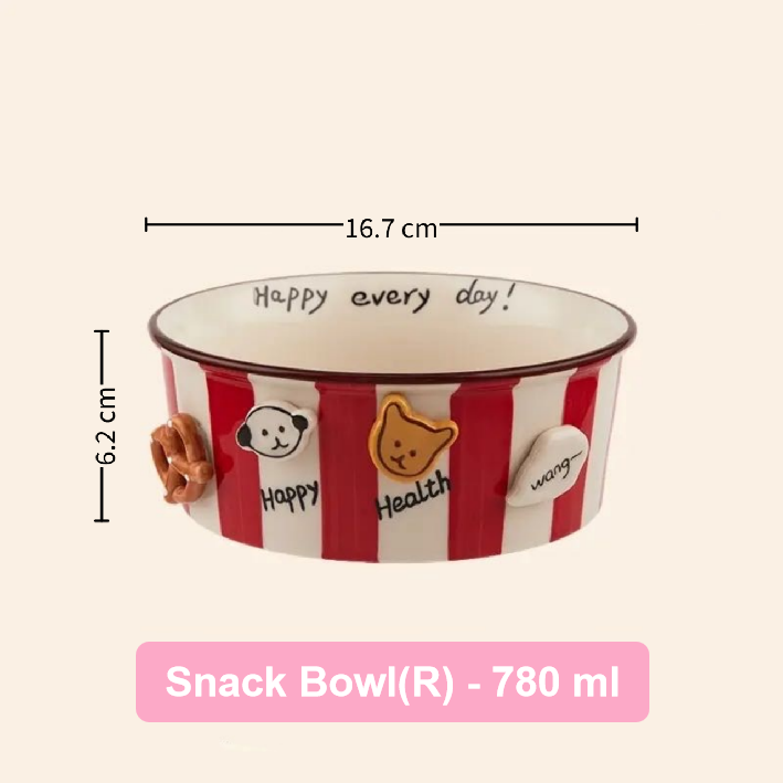 Red and white striped snack bowl with measurements and text on a beige background