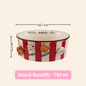Red and white striped snack bowl with measurements and text on a beige background