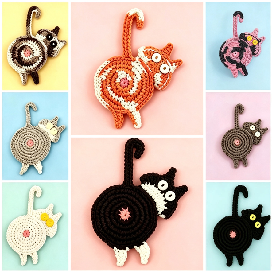Cat butt crochet coaster set — 8 styles collage, handmade knitted cup mat, button eyes, MeowCeramics