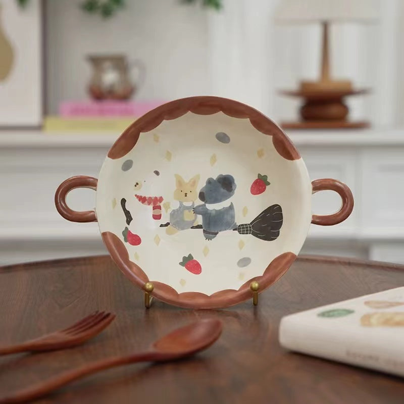 【Handmade to Order】Cute Round Double-Handle Deep Plate