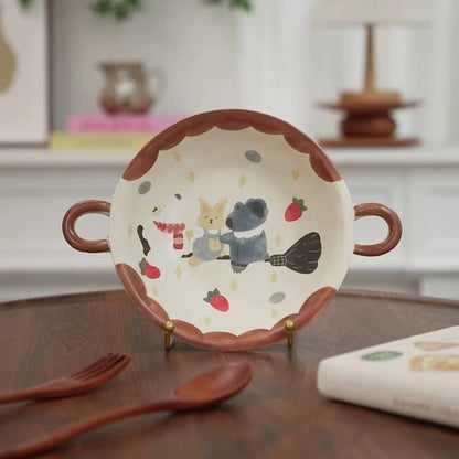【Handmade to Order】Cute Round Double-Handle Deep Plate