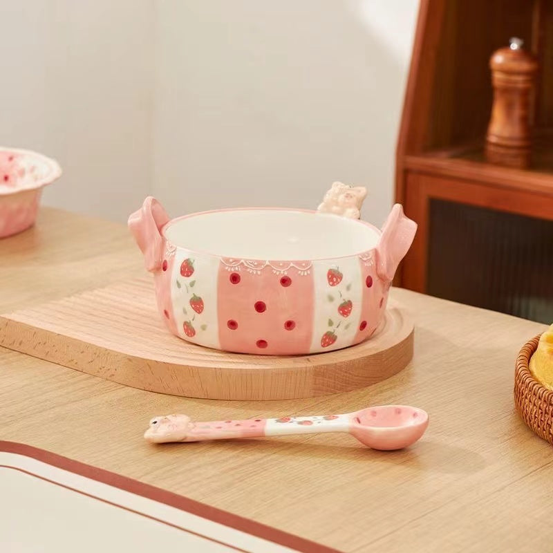 Pink strawberry kitten bowl and spoon set — hand-painted ceramic, food-safe, MeowCeramicssurface
