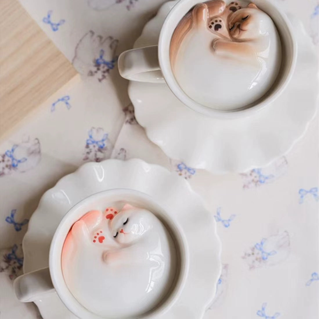 Handmade Cute Cat Coffee Cup & Saucer Set - 210ml
