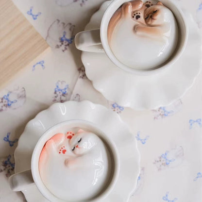 Handmade Cute Cat Coffee Cup & Saucer Set - 210ml