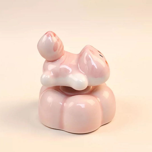 Pink cat ceramic figurine on base — spins freely on copper bearing, handmade one of a kind, MeowCeramics