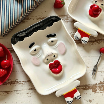 Quirky & Cute Abstract Pouty Face Ceramic Plate — Hand-Painted | Microwave & Dishwasher Safe