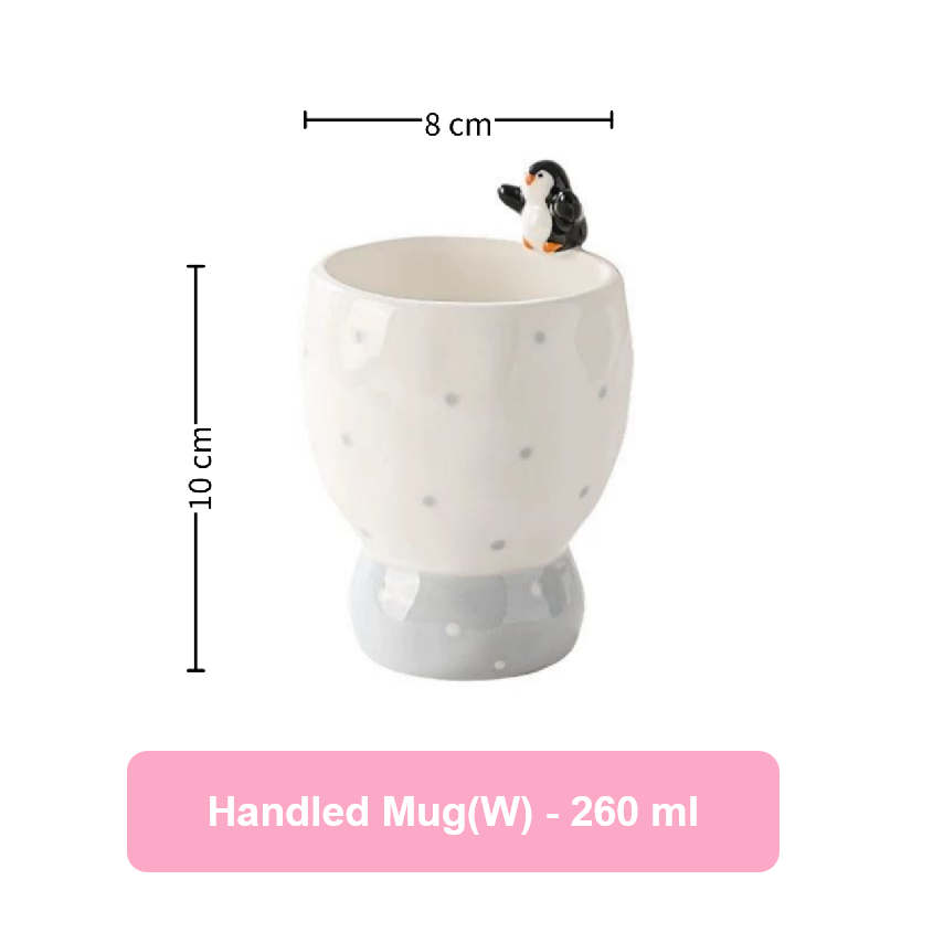 Handled mug with penguin figure, measurements, and capacity details on a white background