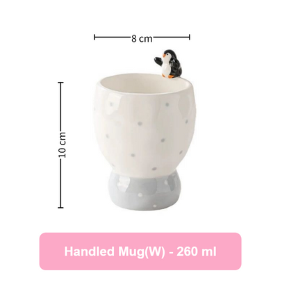 Handled mug with penguin figure, measurements, and capacity details on a white background