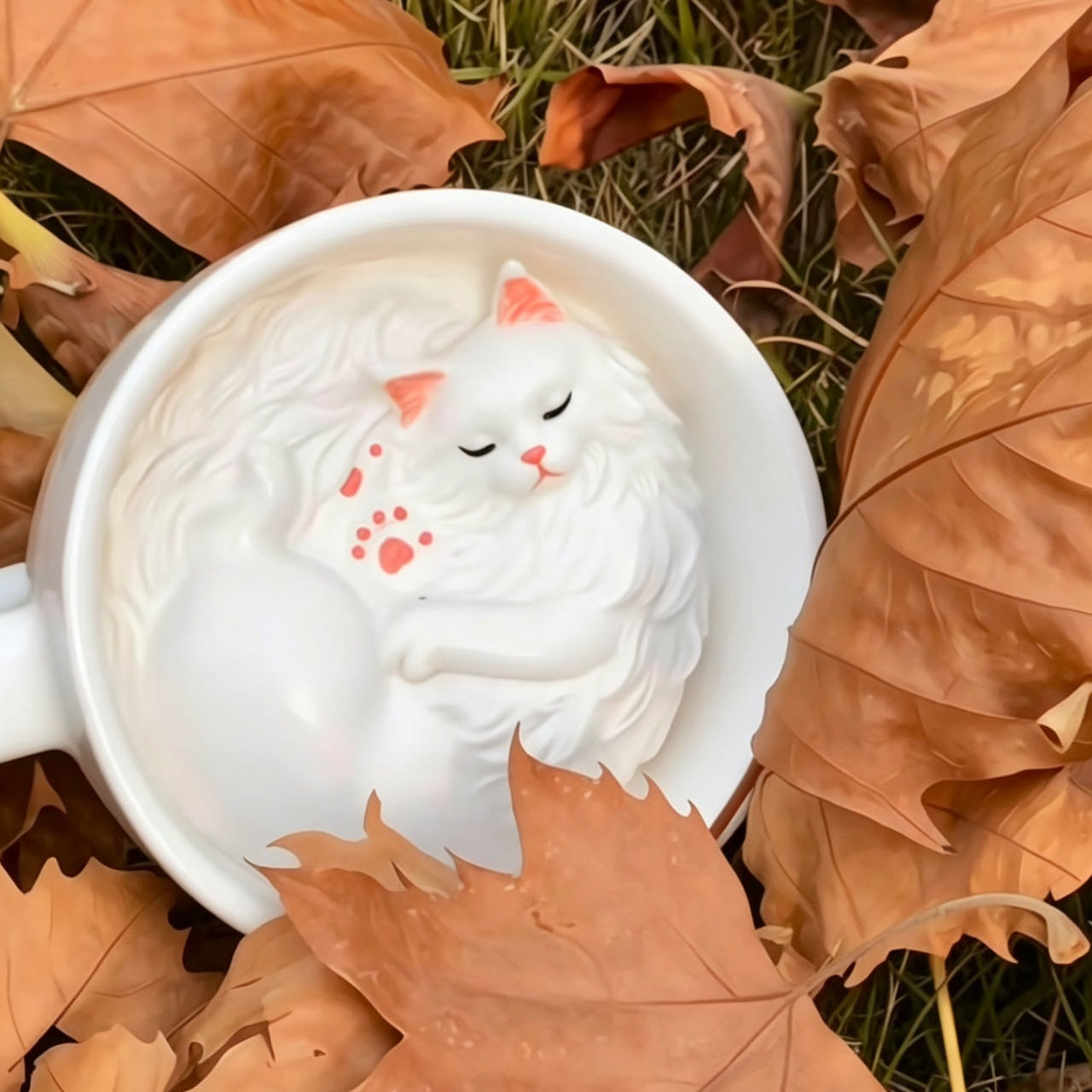 Handmade cat cup and saucer set — pure white glaze, artisan craftsmanship, MeowCeramics