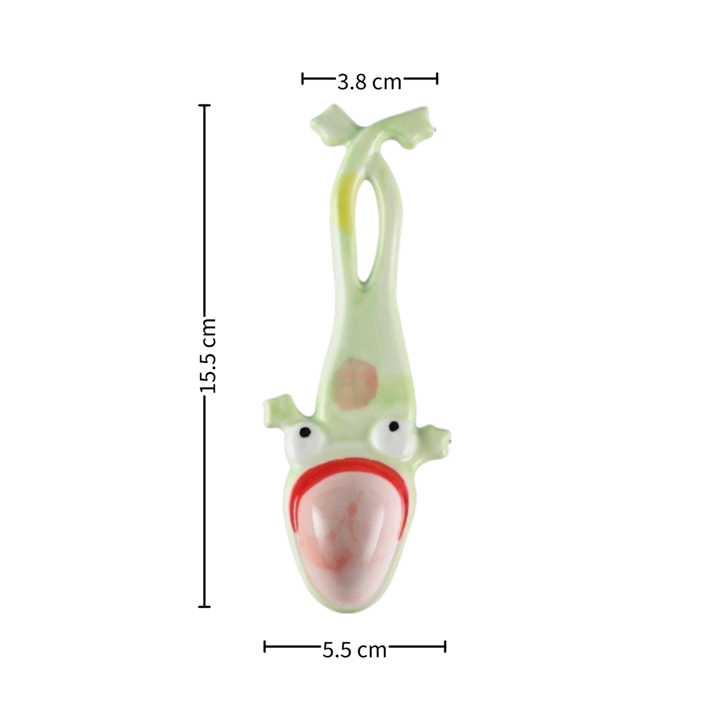 Handmade frog ceramic spoon size reference — dimensions shown, underglaze painted, MeowCeramics