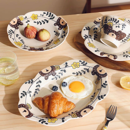 Decorative plates with food on a wooden table