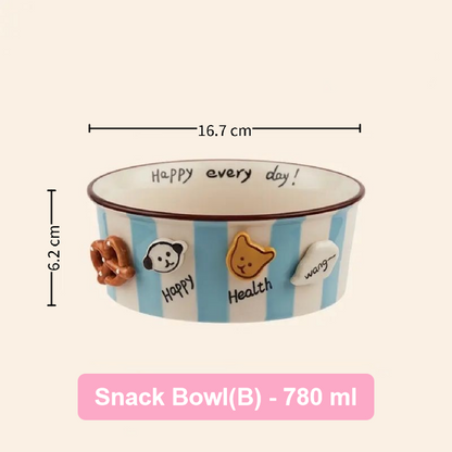 Snack bowl with decorative elements and measurements on a beige background