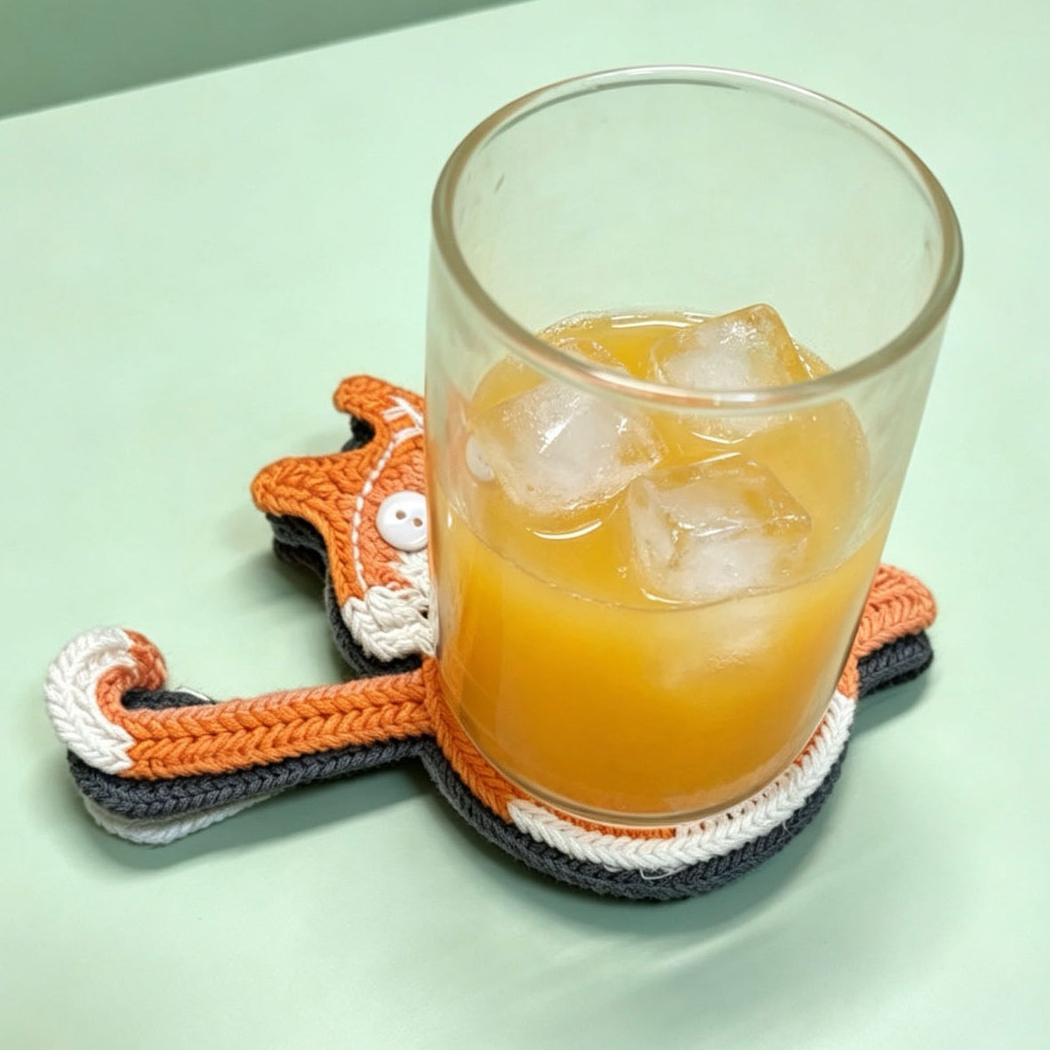 Cat butt crochet coaster in use — mug placed on knitted cat cup mat, home table decor, MeowCeramics