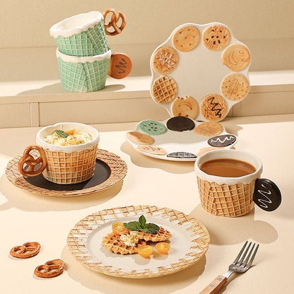 Café-themed table setting with waffle cups, plates, and cookies on a neutral background
