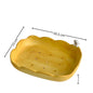 Yellow pet dish with dimensions and a small white dog figurine for scale on a white background