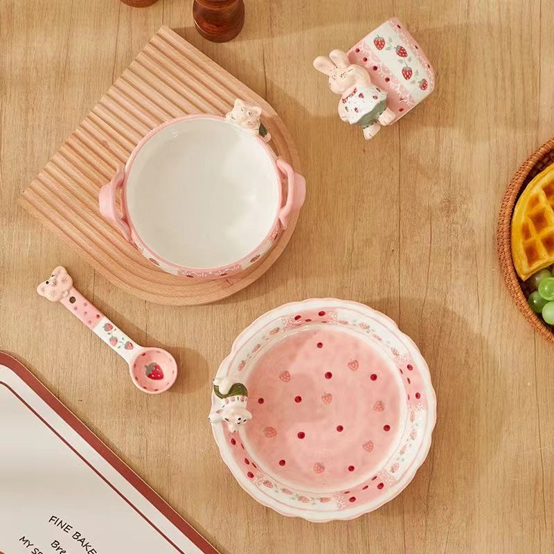 Pink strawberry kitten two-handled bowl — hand-painted ceramic, ergonomic design, MeowCeramics