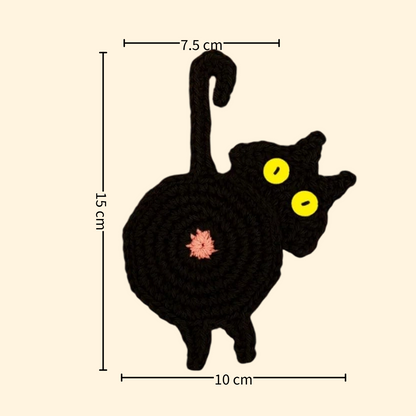 Black cat butt crochet coaster — handmade knitted cup mat, button eyes, long tail, MeowCeramics