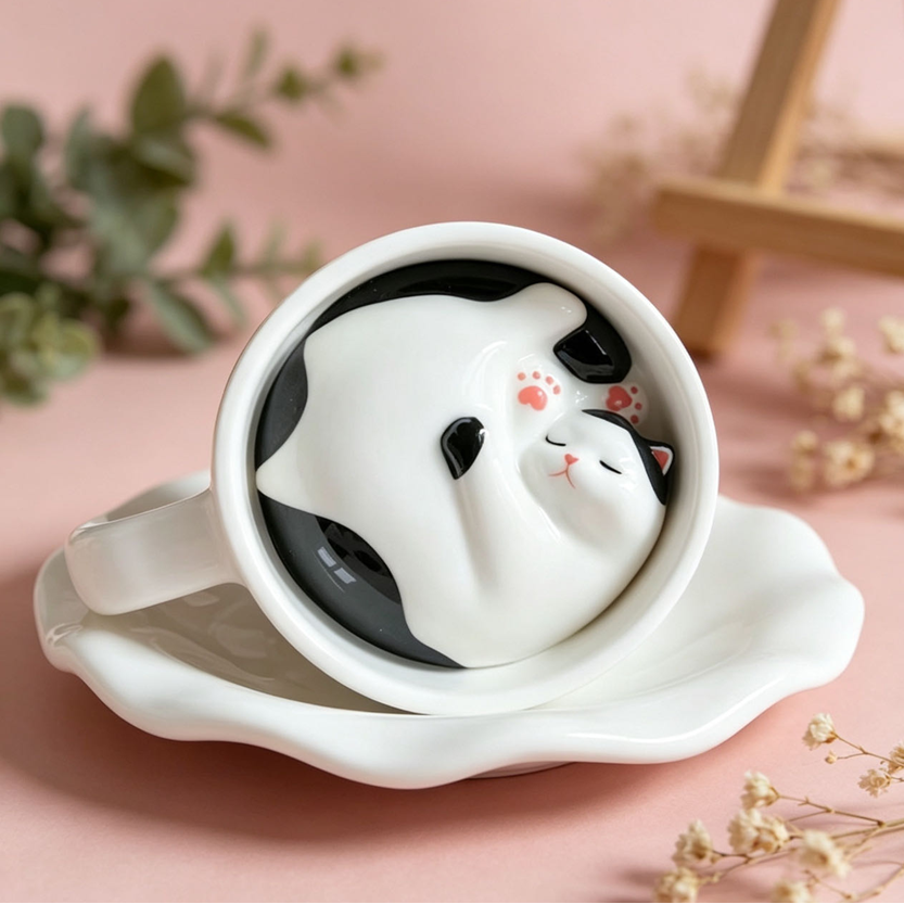 Cow Cat handmade ceramic coffee cup — hidden cat inside, underglaze painted, 210ml, MeowCeramics