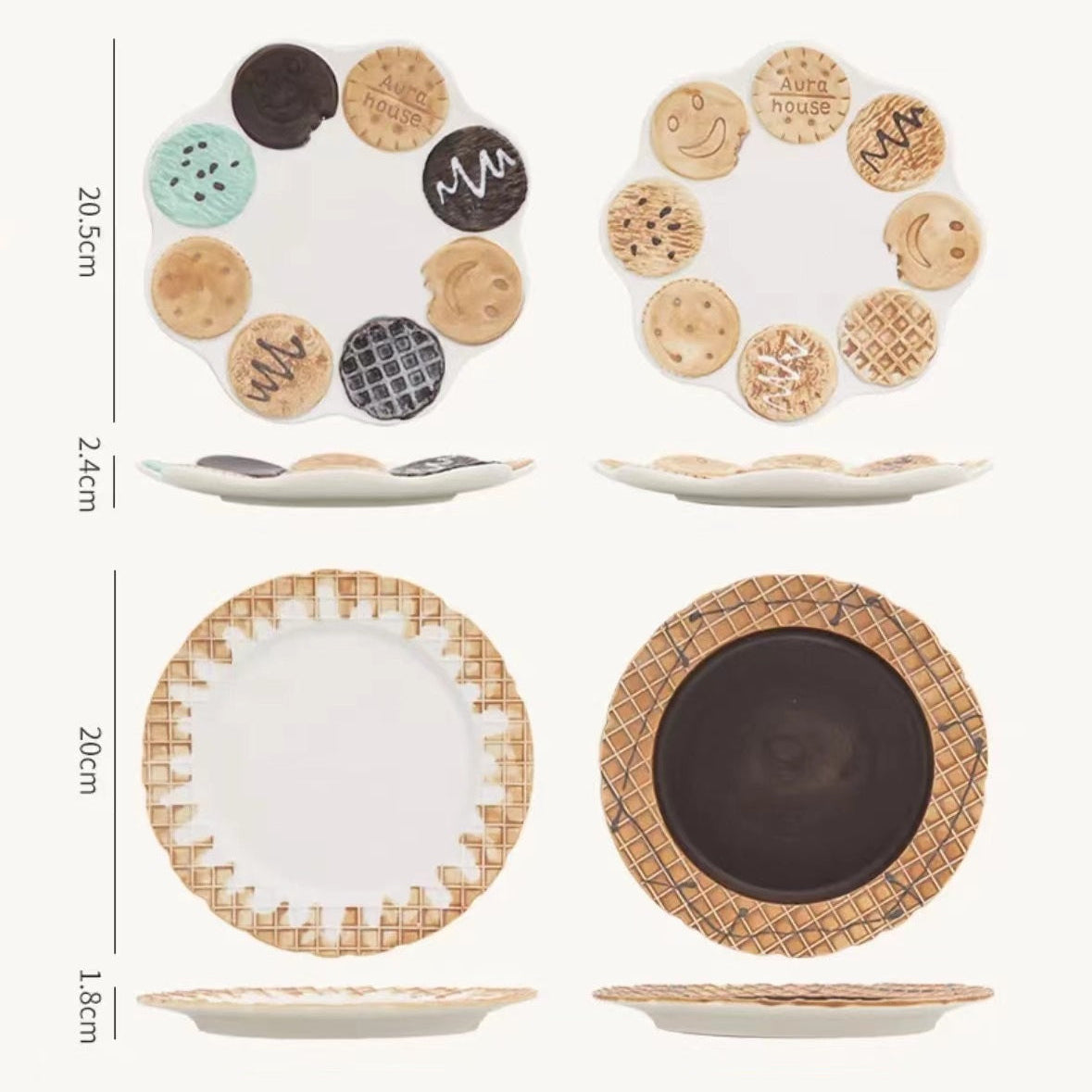 Set of decorative plates with different designs and measurements on a white background