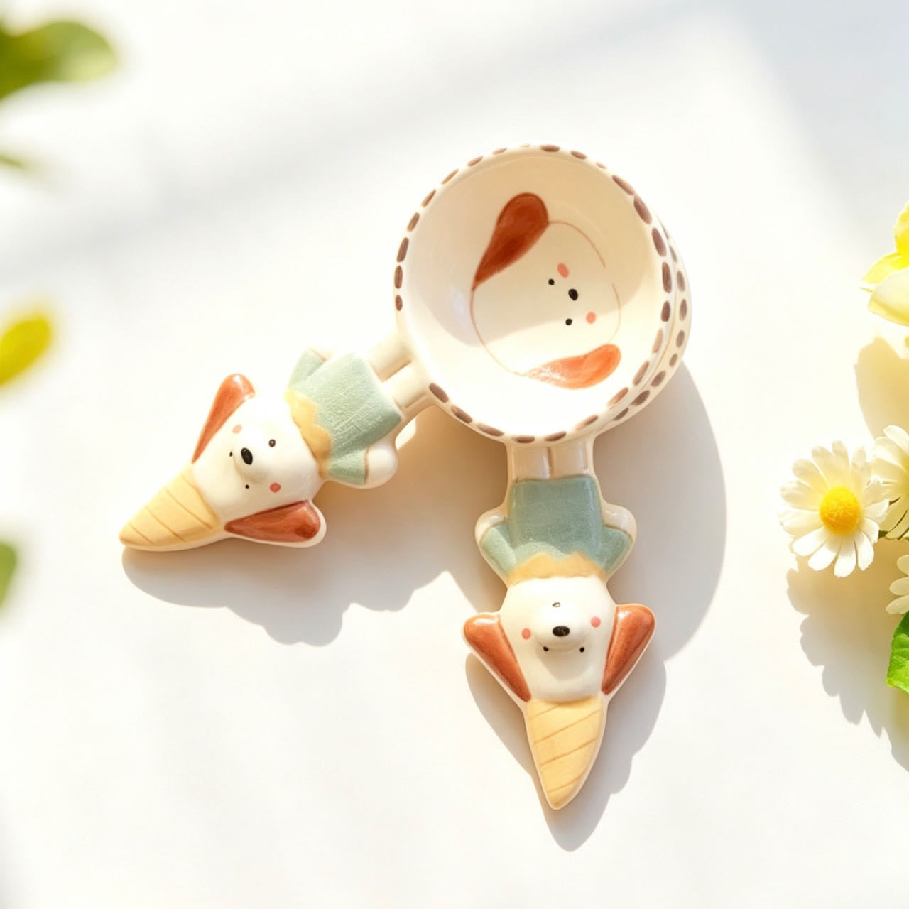 Hand-painted puppy ceramic spoon detail — natural brushstroke texture, food-safe glaze, MeowCeramics