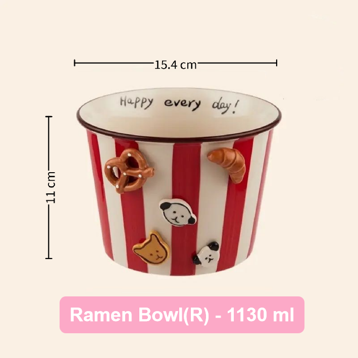Red and white striped ramen bowl with cartoon characters and measurements on a beige background